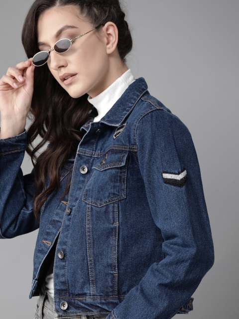 

Roadster Women Navy Blue Solid Pure Cotton Denim Jacket