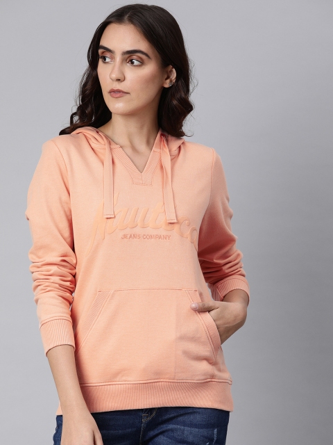 

Nautica Women Peach-Coloured Solid Hooded Sweatshirt