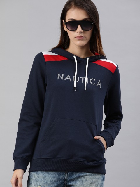 

Nautica Women Navy Blue & Off-White Embroidered Hooded Sweatshirt