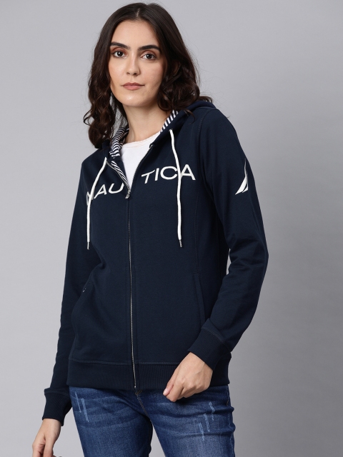 

Nautica Women Navy Blue Printed Hooded Sweatshirt