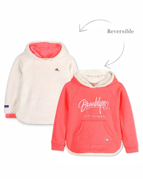 

Cherry Crumble Girls Coral Pink & Off-White Printed Reversible Hooded Sweatshirt