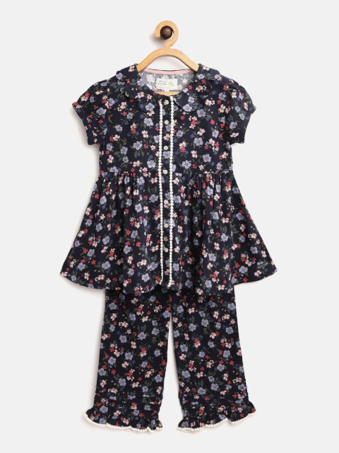 

Cherry Crumble Girls Navy Blue & White Printed Night Suit