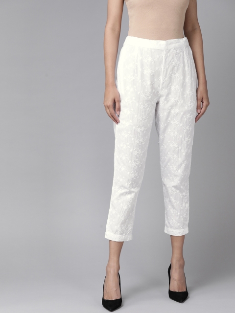 

Juniper Women White Slim Fit Self Design Cigarette Trousers