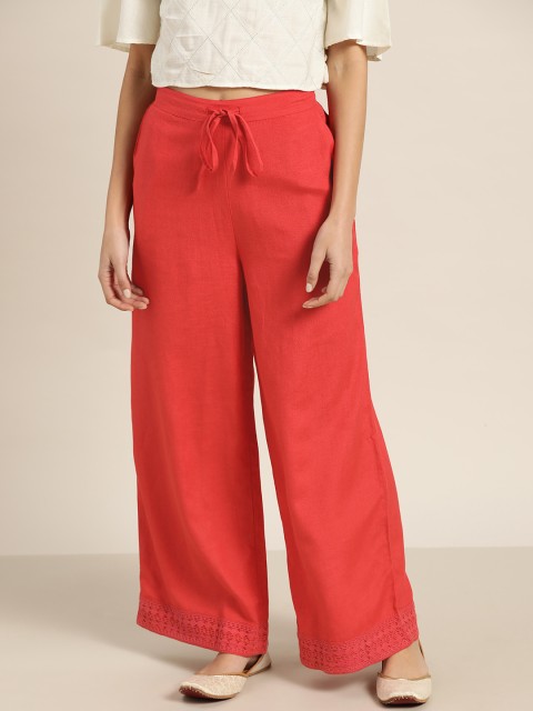 

Moda Rapido Women Coral Red Hem Design Wide Leg Palazzos