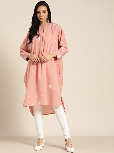 

Moda Rapido Women Pink & White Pure Cotton Printed Oversized Straight High-Low Kurta