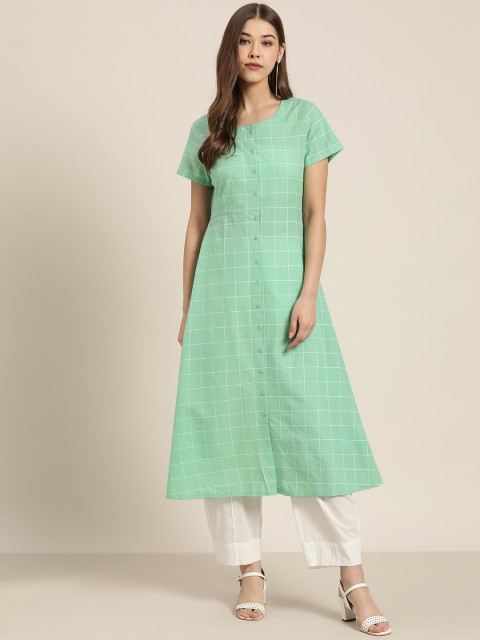 

Moda Rapido Women Green & White Checked Pure Cotton A-Line Kurta