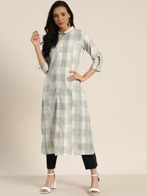 

Moda Rapido Women White & Blue Checked Pure Cotton A-Line Kurta