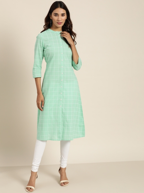 

Moda Rapido Women Sea Green & White Pure Cotton Checked A-Line Kurta