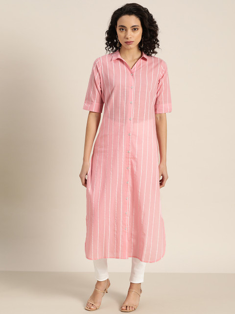 

Moda Rapido Women Pink & White Pure Cotton Striped Straight Kurta