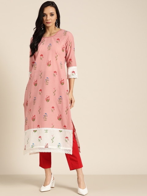 

Moda Rapido Women Pink & White Pure Cotton Floral Printed Straight Kurta