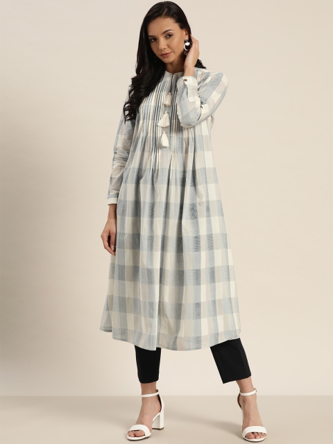 

Moda Rapido Women White & Blue Checked Pure Cotton A-Line Kurta