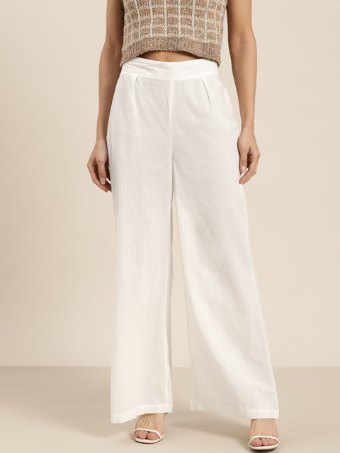 

Moda Rapido Women Off-White Pure Cotton Semi-Sheer Solid Wide Leg Palazzos