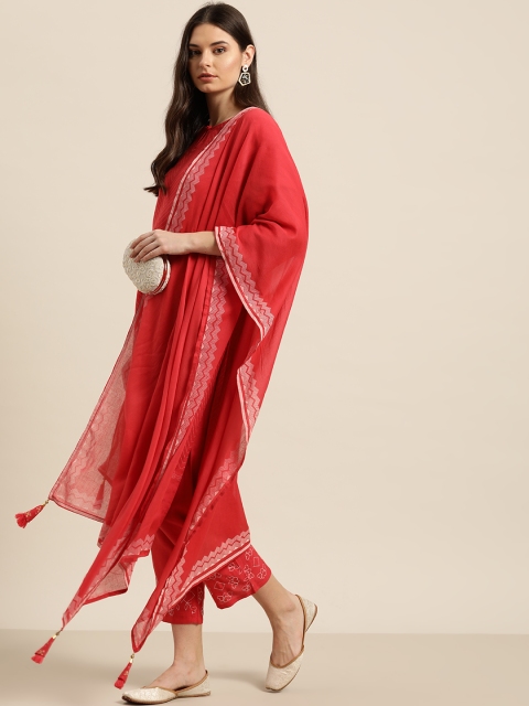 

Moda Rapido Women Red & Off-White Striped Kurta with Trousers & Dupatta