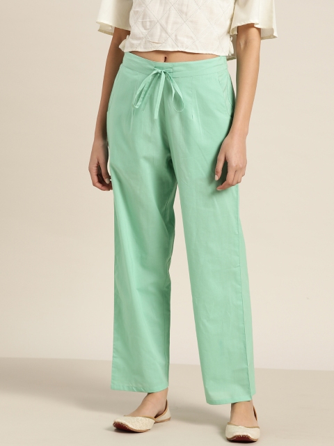 

Moda Rapido Women Sea Green Solid Pure Cotton Wide Leg Palazzos