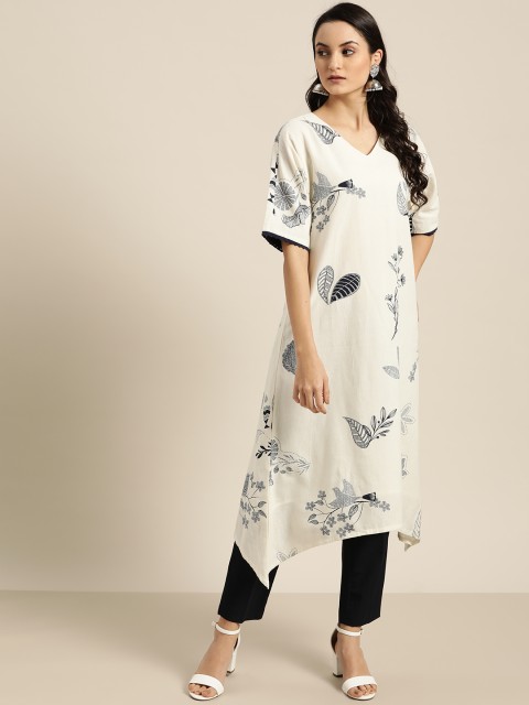

Moda Rapido Women Off-White & Navy Blue Floral Print A-Line Kurta with Crochet Detail