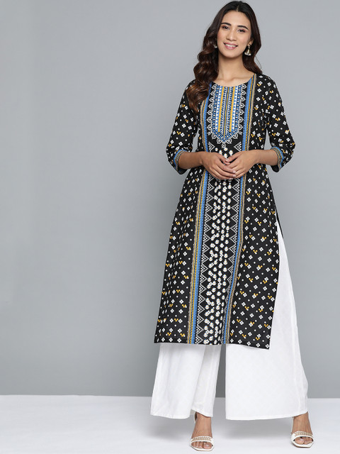 

HERE&NOW Women Black & White Printed Pure Cotton Kurta with Palazzos
