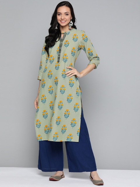 

HERE&NOW Women Green & Blue Printed Straight Kurta