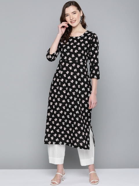 

HERE&NOW Women Black & Off-White Printed Straight Kurta