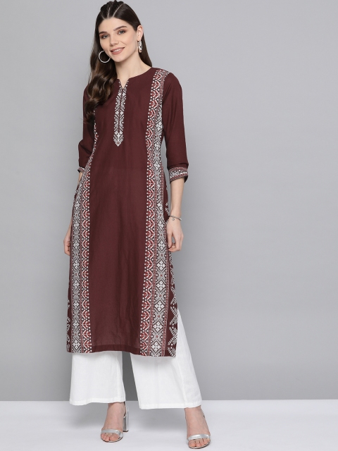 

Here&Now Women Burgundy & White Pure Cotton Printed Kurta