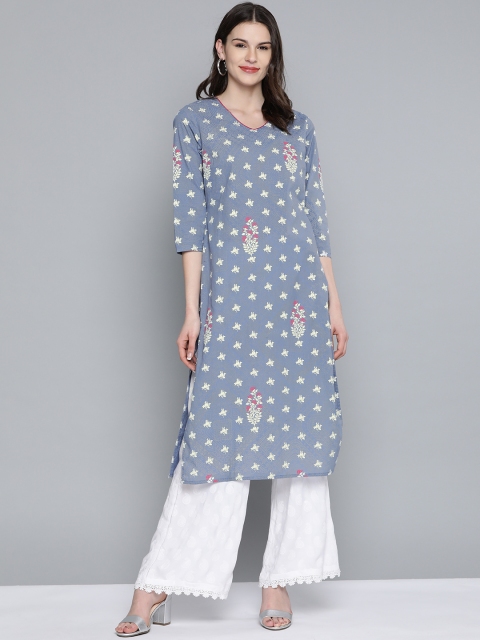 

HERE&NOW Women Blue & Off-White Printed Pure Cotton Straight Kurta