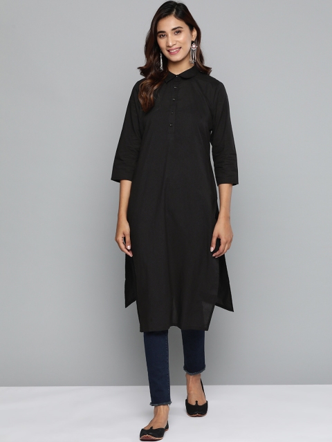 

HERE&NOW Women Black Solid Pure Cotton Straight Kurta
