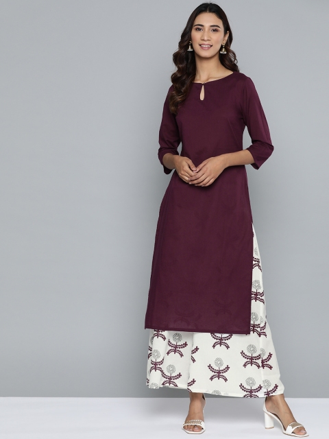 

HERE&NOW Women Aubergine & White Solid Pure Cotton Kurta with Palazzos, Purple
