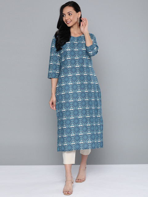 

HERE&NOW Women Teal Blue & White Cotton Printed Straight Kurta