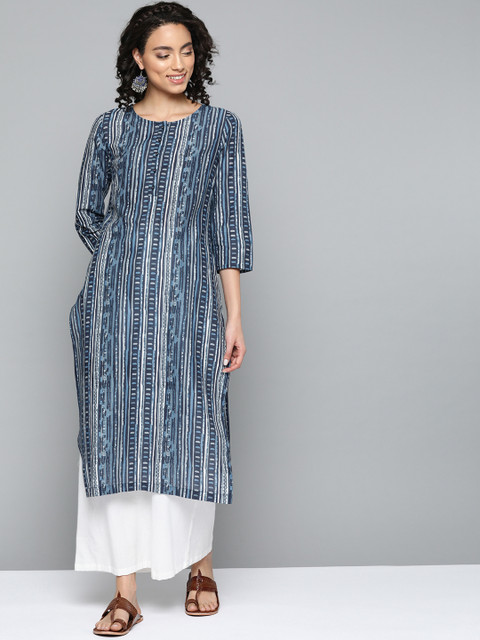 

HERE&NOW Blue Geometric Printed Pure Cotton Straight Kurta