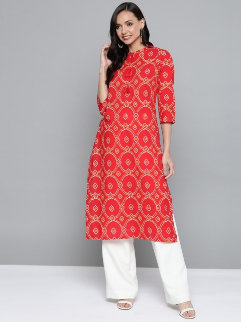 

HERE&NOW Women Red & White Pure Cotton Printed Straight Kurta