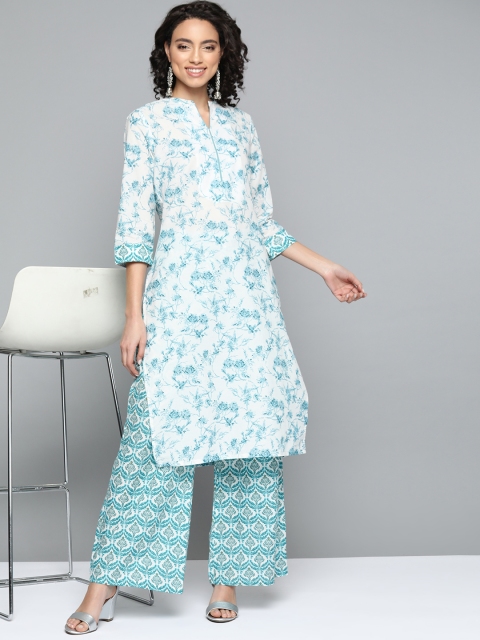 

HERE&NOW Women White & Blue Printed Kurta with Palazzos