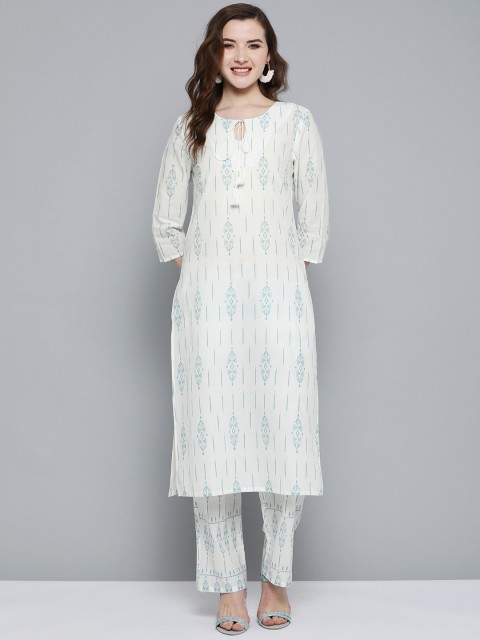 

HERE&NOW Women White & Blue Printed Pure Cotton Kurta with Trousers