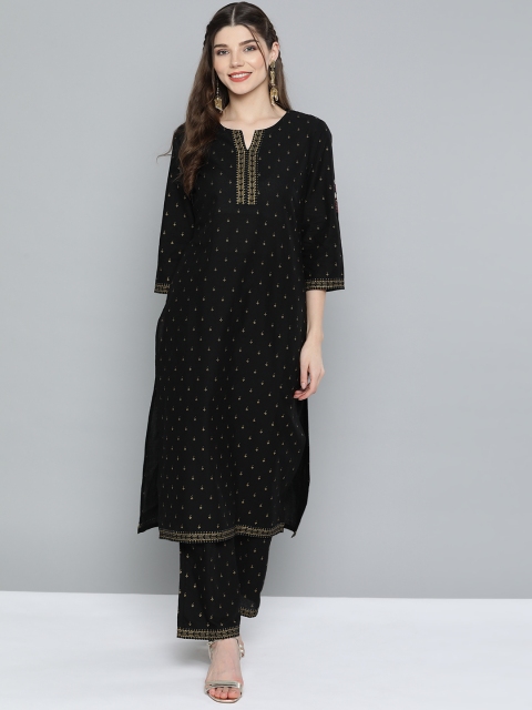 

HERE&NOW Women Black & Golden Printed Pure Cotton Kurta with Trousers
