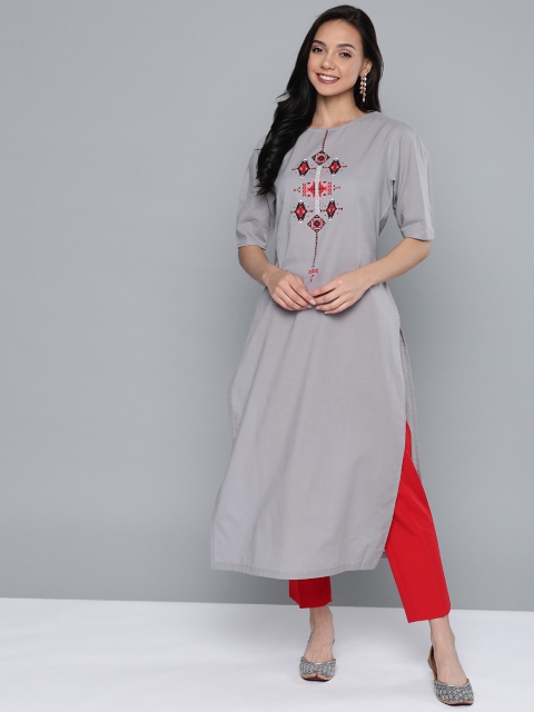 

HERE&NOW Women Grey Yoke Design Straight Kurta