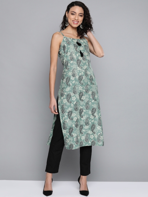 

HERE&NOW Women Green & Black Pure Cotton Paisley Print Straight Kurta