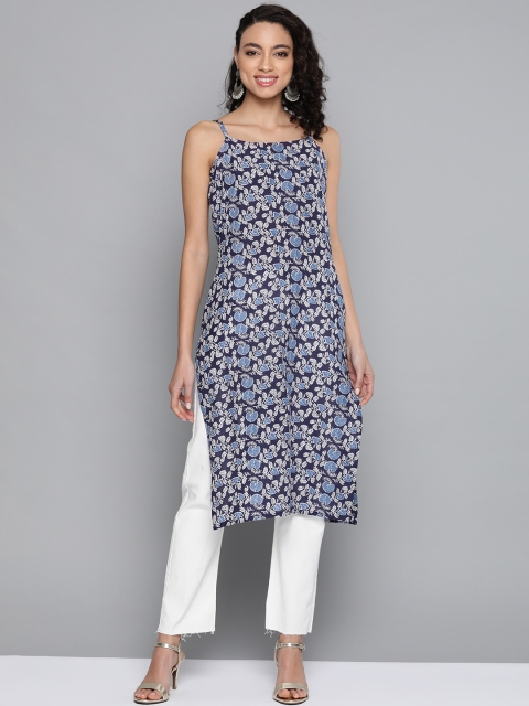 

HERE&NOW Women Navy Blue & White Pure Cotton Floral Print Straight Kurta