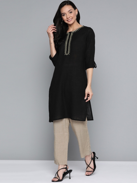 

HERE&NOW Women Black & Golden Yoke Design Straight Kurta