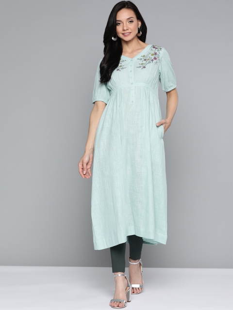 

HERE&NOW Women Green Yoke Design Pure Cotton A-Line Kurta