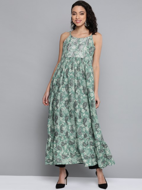 

HERE&NOW Women Green & Black Pure Cotton Paisley Print A-Line Kurta