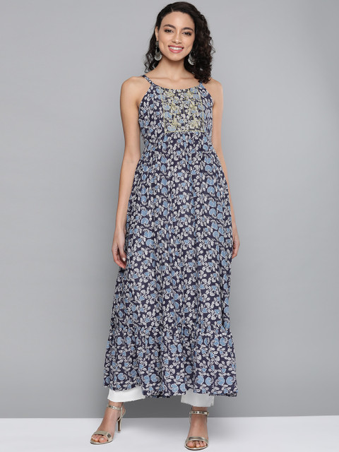 

HERE&NOW Women Navy Blue & White Pure Cotton Floral Print A-Line Kurta