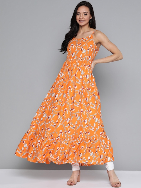 

HERE&NOW Women Orange & White Printed Tiered A-Line Kurta