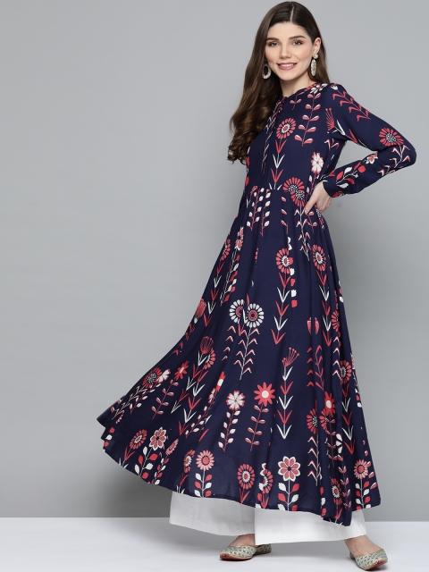 

HERE&NOW Women Navy Blue & Pink Floral Printed Anarkali Kurta