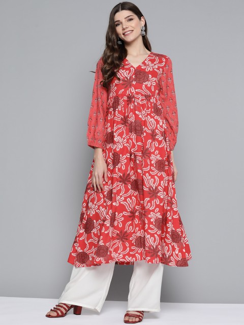 

HERE&NOW Women Pink & White Floral Print A-Line Kurta