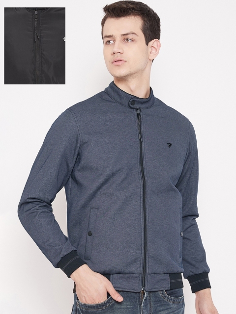 

Okane Men Navy Blue & Black Colourblocked Reversible Bomber Jacket
