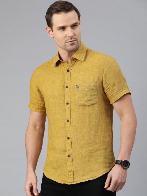 

U.S. Polo Assn. Men Mustard Yellow Tailored Fit Solid Casual Linen Shirt