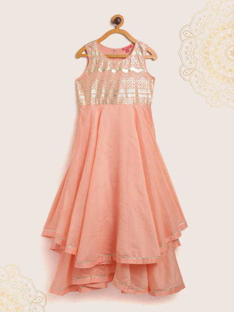 

Biba Girls Peach-Coloured & Gold-Toned Printed Layered Maxi Dress