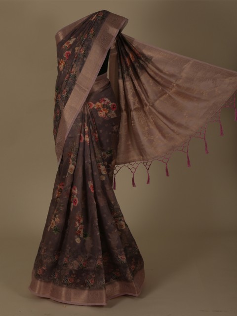 

Pothys Brown Printed Linen Blend Saree