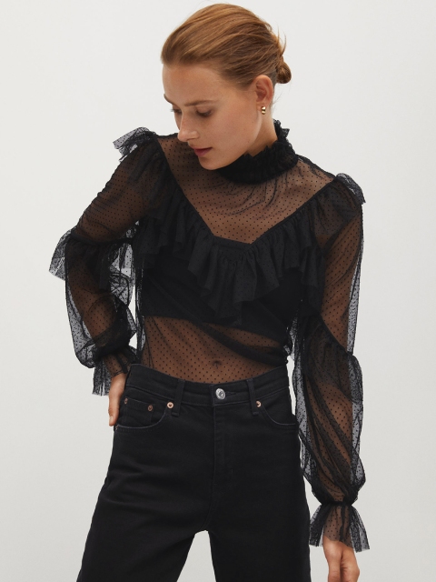 

MANGO Women Black Self-Design Sheer Victorian Top