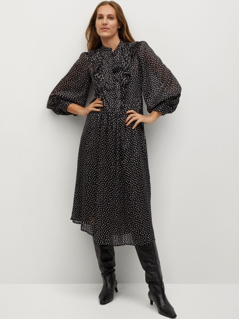 

MANGO Women Black & Off-White Sustainable Polka Printed A-Line Dress