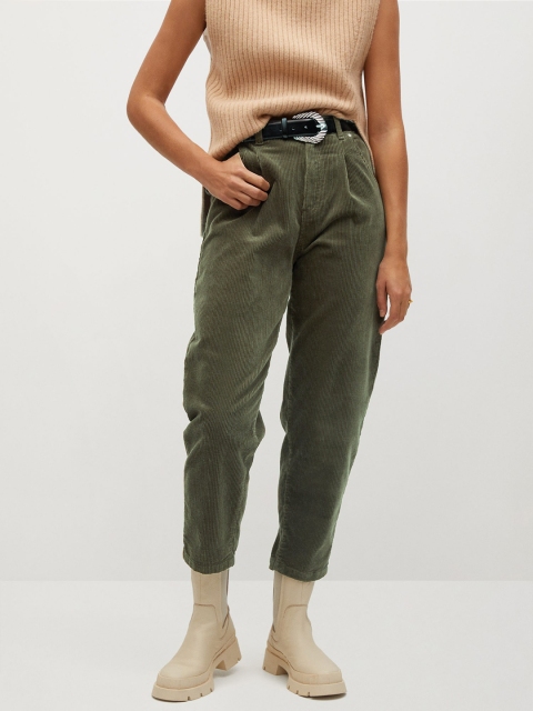 

MANGO Women Olive Green Sustainable Slouchy Fit Solid Corduroy Trousers
