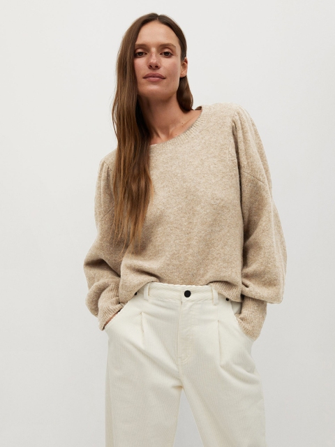 

MANGO Women Acrylic Beige Solid Pullover Sweater